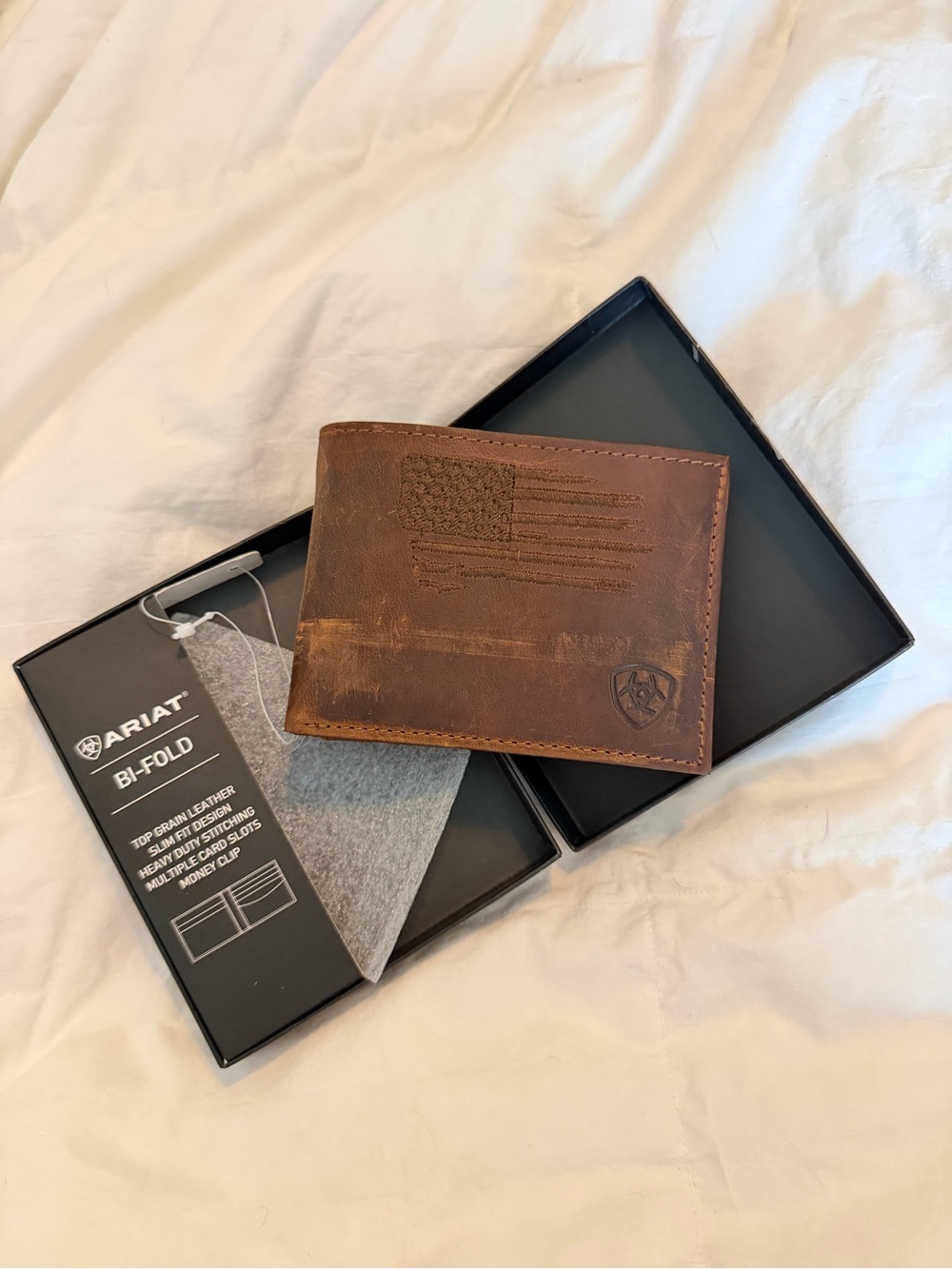 Ariat Distressed Brown Leather Bi-Fold Wallet with Embossed Flag